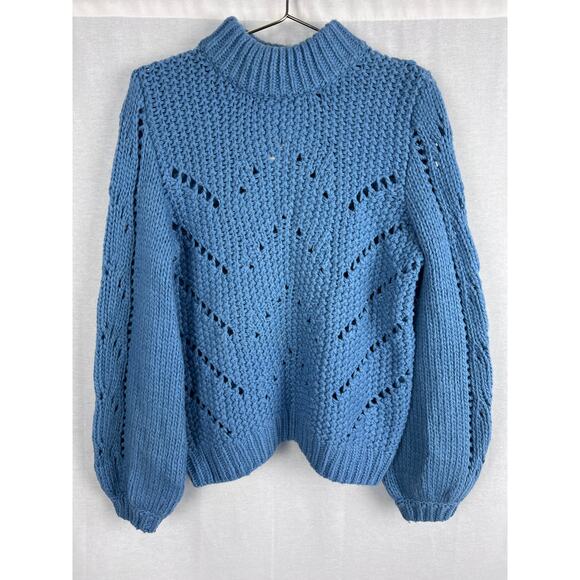 NWT H&M Sweater Chunky Pointelle Pullover Blue Winter Cozycore Slouchy Artsy - Picture 1 of 6